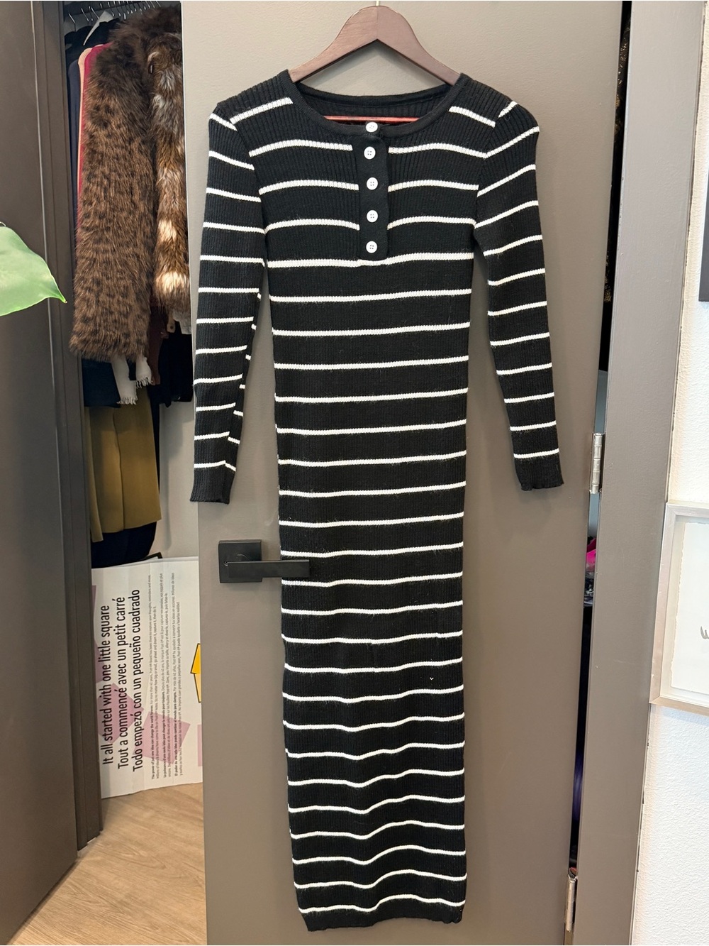 Striped Long Sleeve Knit Dress - Black & White